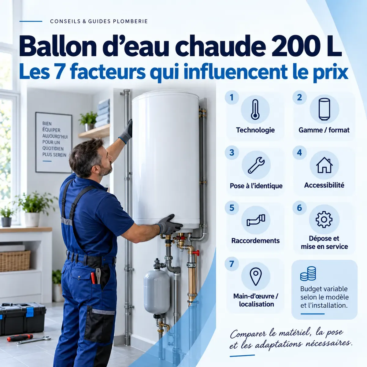 Plombier installant un ballon d’eau chaude 200 L mural avec ses raccordements dans un logement à Rueil-Malmaison