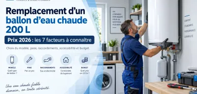 Plombier en combinaison bleue posant un ballon d’eau chaude mural 200 L dans une buanderie à Rueil-Malmaison