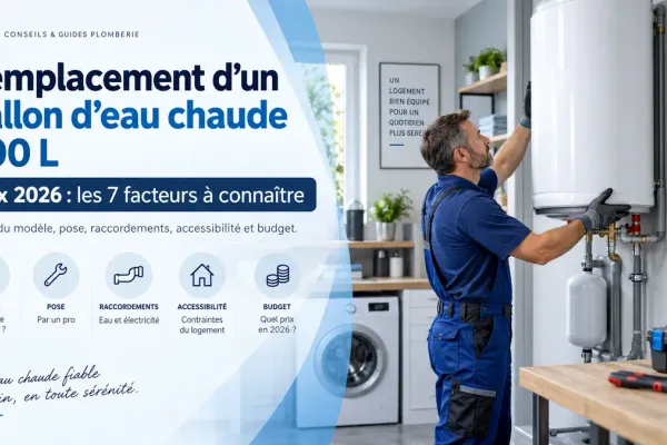 Plombier en combinaison bleue posant un ballon d’eau chaude mural 200 L dans une buanderie à Rueil-Malmaison