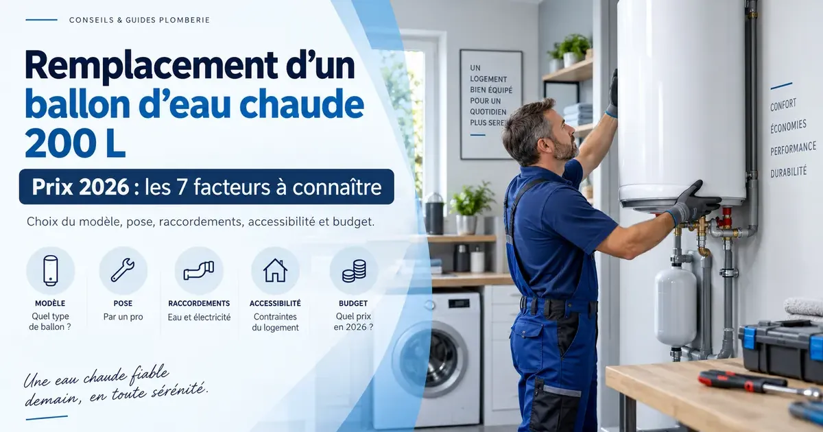 Plombier en combinaison bleue posant un ballon d’eau chaude mural 200 L dans une buanderie à Rueil-Malmaison